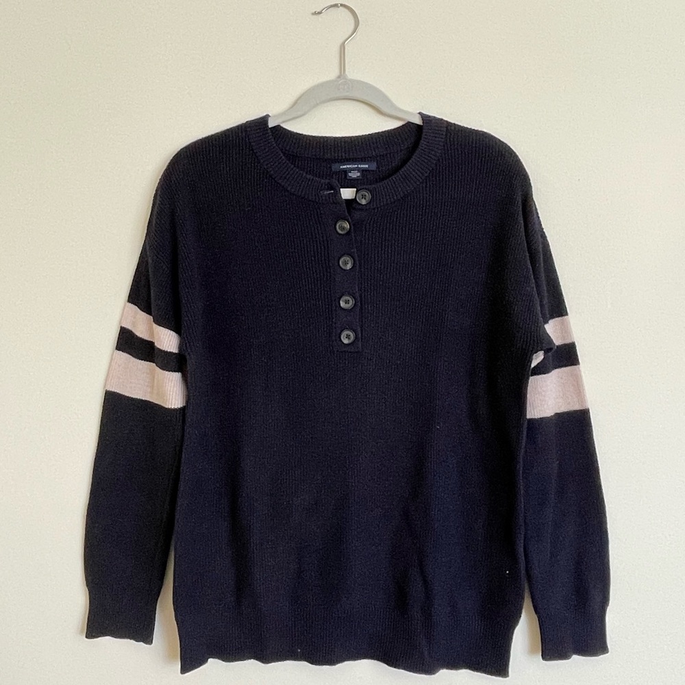 American Eagle Navy Varsity Stripe Henley Pullover Sweater